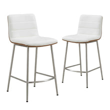 Stainless Steel and Walnut Counter Stool with White Faux Leather Cover, Set of 2