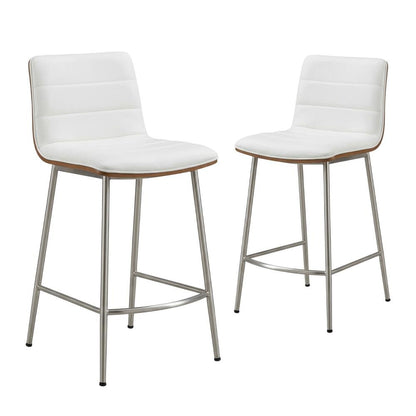 Stainless Steel and Walnut Counter Stool with White Faux Leather Cover, Set of 2