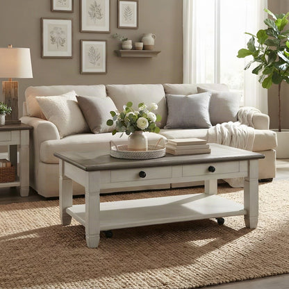 Granby Solid Pine Farmhouse Cocktail Table, 2-Tone Rosy Brown and Antique White