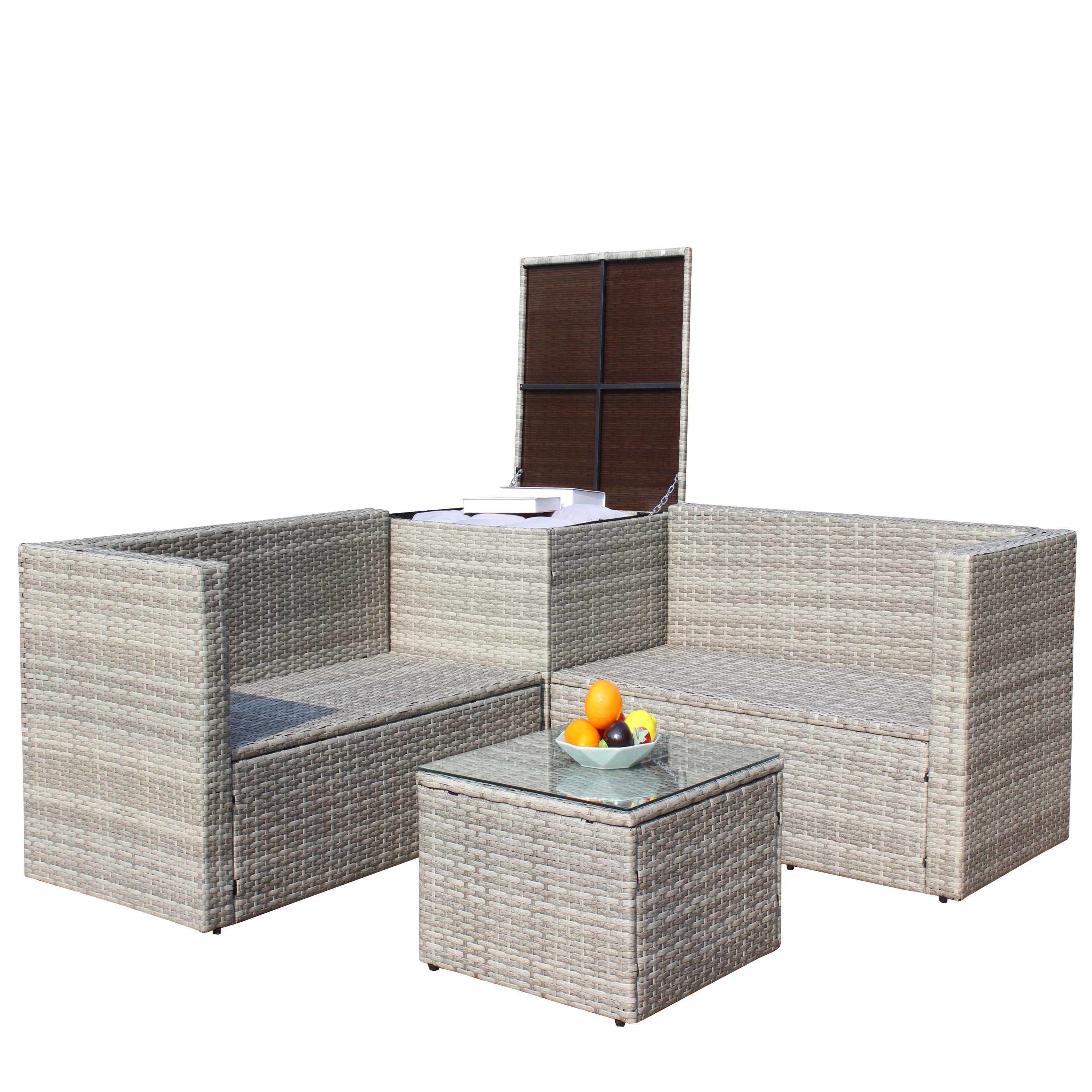 4 Piece Patio Sectional Wicker Rattan Outdoor Furniture Sofa Set with Storage Box Grey