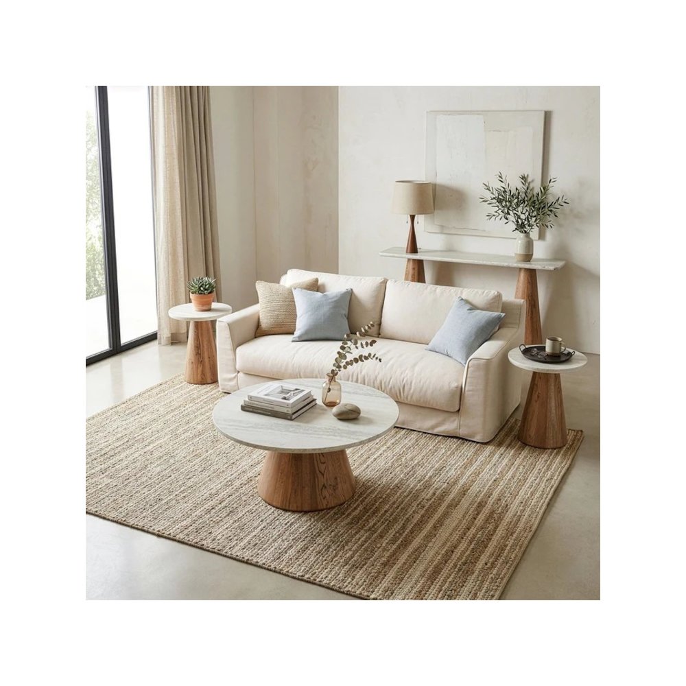 Caldera Side Table in White Travertine and Light Oak