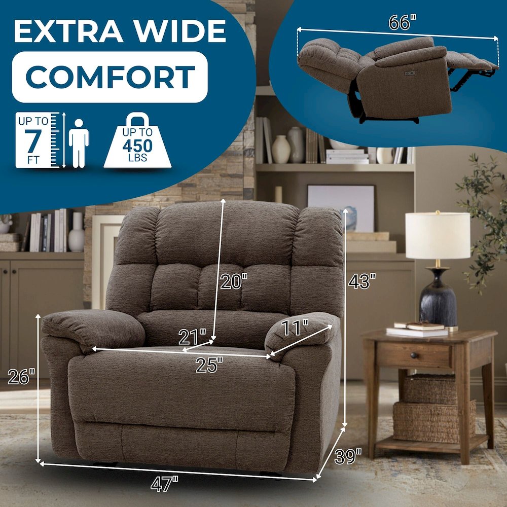 Oversized Recliner Chair for Big and Tall Adults – Power Zero Gravity Recliner with Wide Seat,  Heavy-Duty Big Man, Supports Up to 450 lbs, Brown