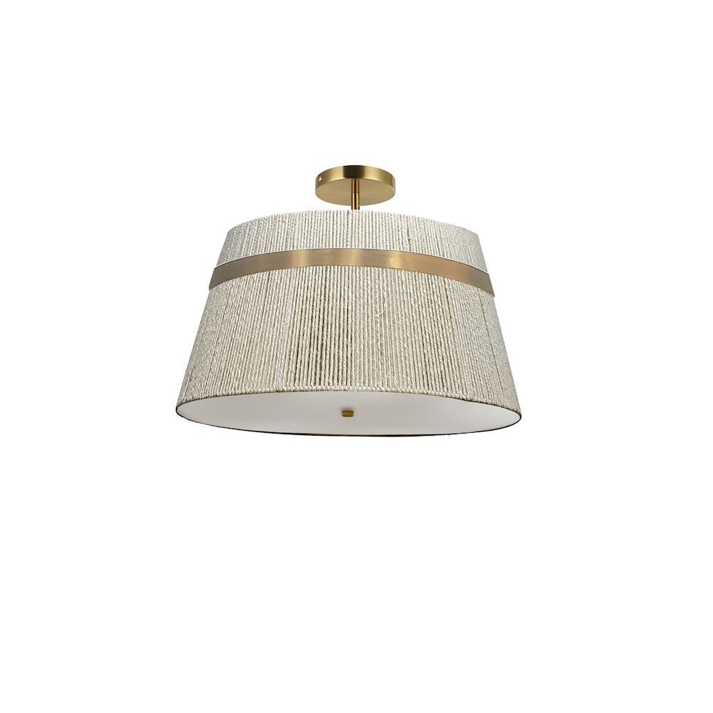 3 Light Semi-Flush Mount in Aged Brass w/ Natural String Shade
