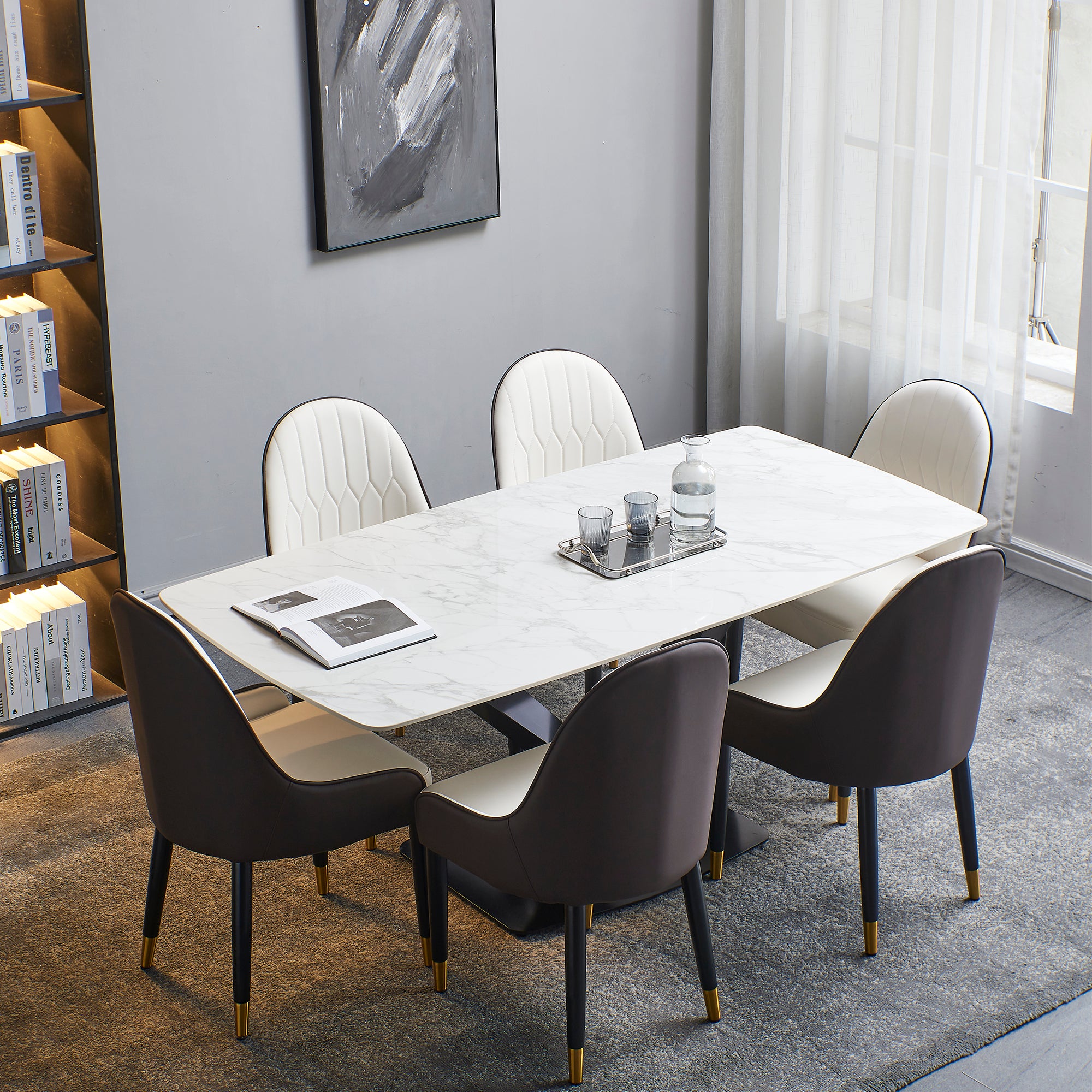 Sintered stone dinning table with 6 pcs Chairs ,Carrara white color , Modern Dinning table 63inch with solid black frame