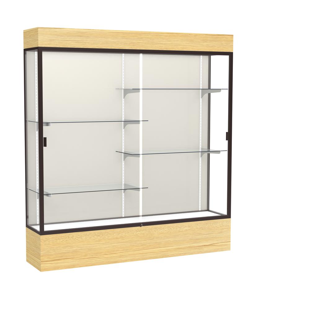 Reliant   72"W x 80"H x 16"D  Lighted Floor Case, Plaque Back, Dk. Bronze Finish,  Lt. Oak Vinyl Base