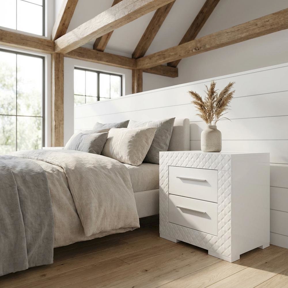 White Nightstand with Chrome Finish and Contemporary Style