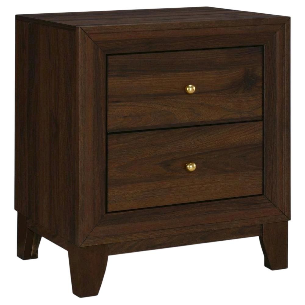 Walnut Nightstand with 2 Drawers and Brass Finish for Bedroom Storage