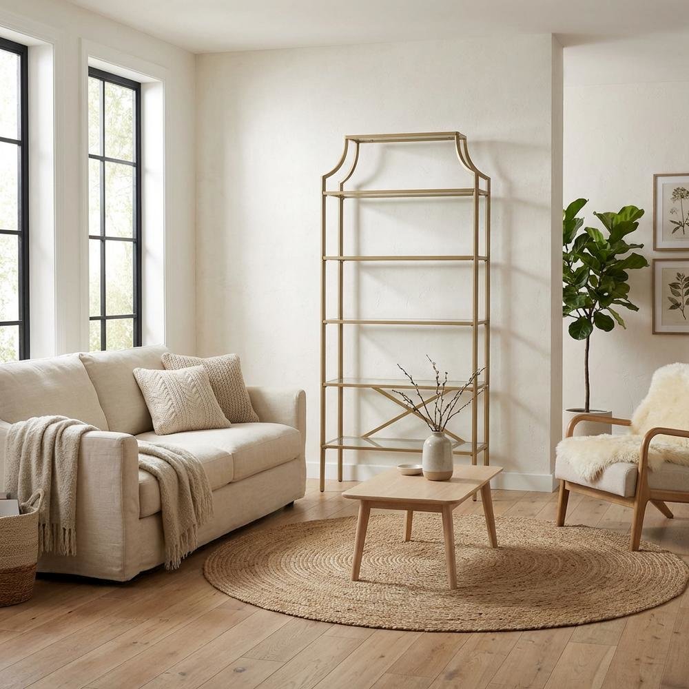 Gold 5-Shelf Glass Bookshelf with Contemporary Style and Tipover Restraint