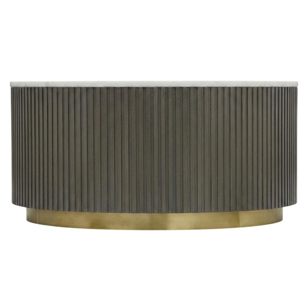 Round White Marble Top Coffee Table, Charcoal Wood Finish Contemporary Design