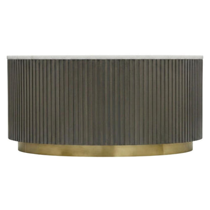 Round White Marble Top Coffee Table, Charcoal Wood Finish Contemporary Design