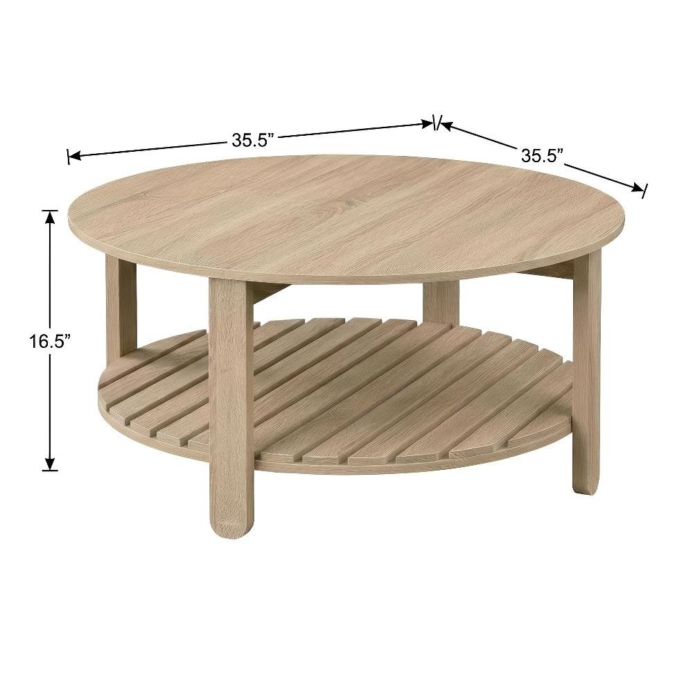 Round Brown Engineered Wood Coffee Table with Shelf and Farmhouse Style