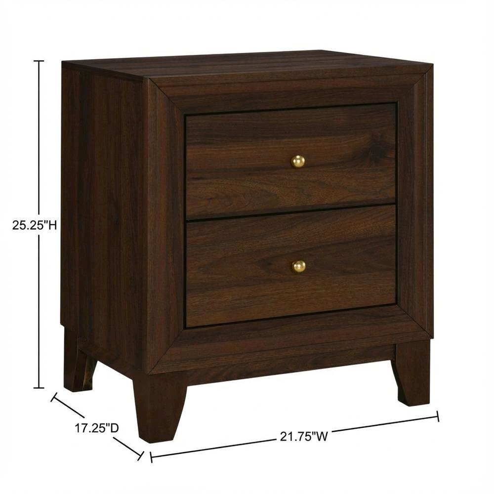Walnut Nightstand with 2 Drawers and Brass Finish for Bedroom Storage
