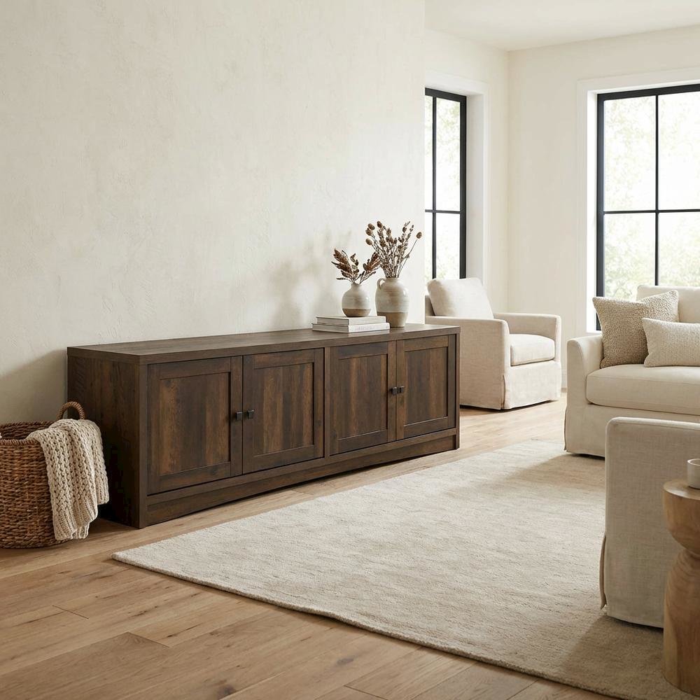 TV stand, 4 doors, engineered wood construction, transitional style