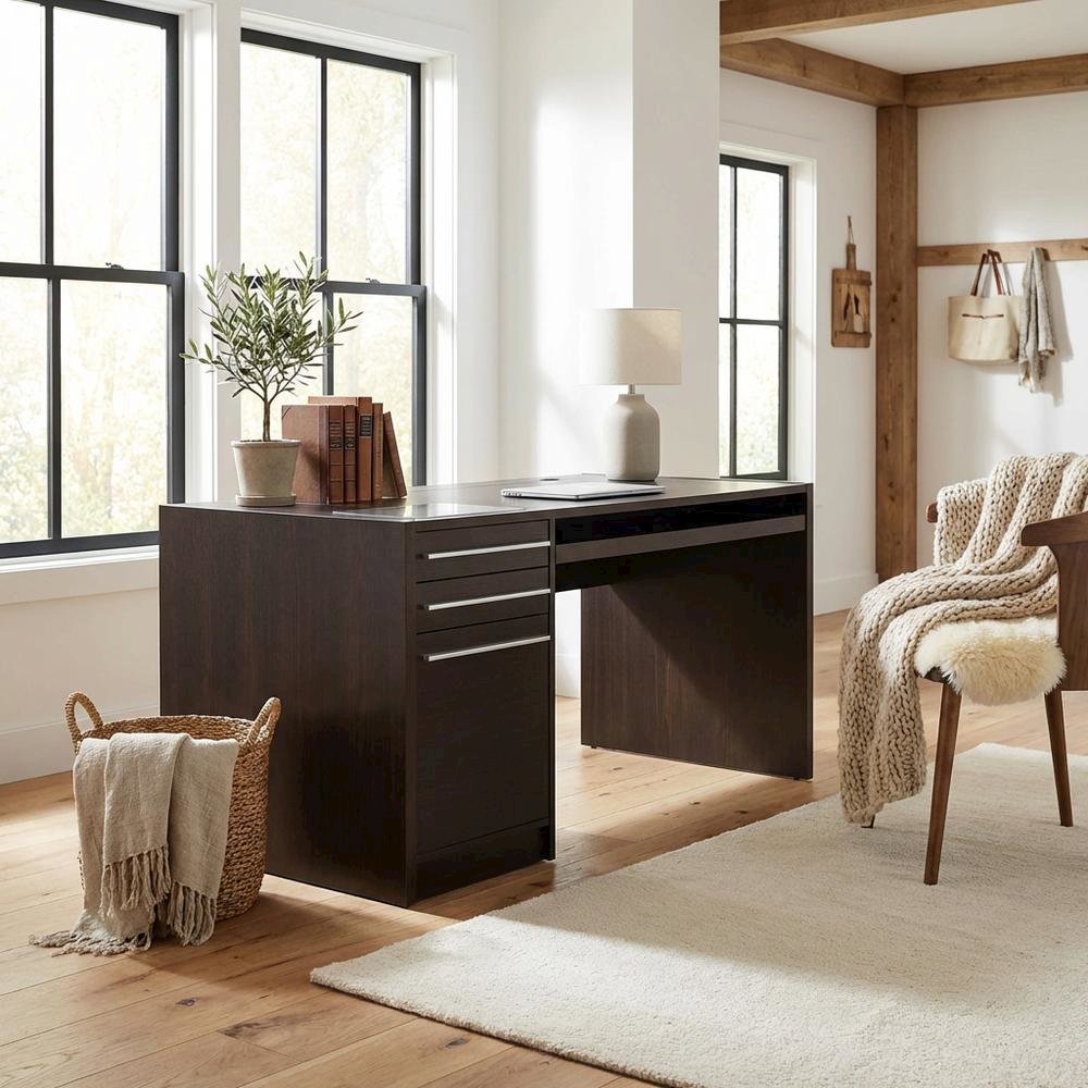 Contemporary Cappuccino Office Desk With 3 Drawers And Rectangular Shape