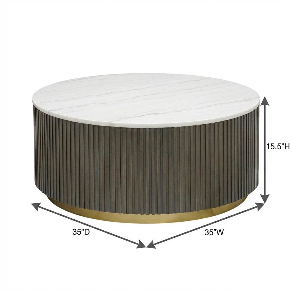 Round White Marble Top Coffee Table, Charcoal Wood Finish Contemporary Design