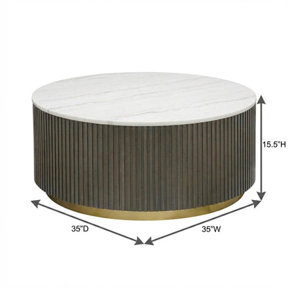 Round White Marble Top Coffee Table, Charcoal Wood Finish Contemporary Design