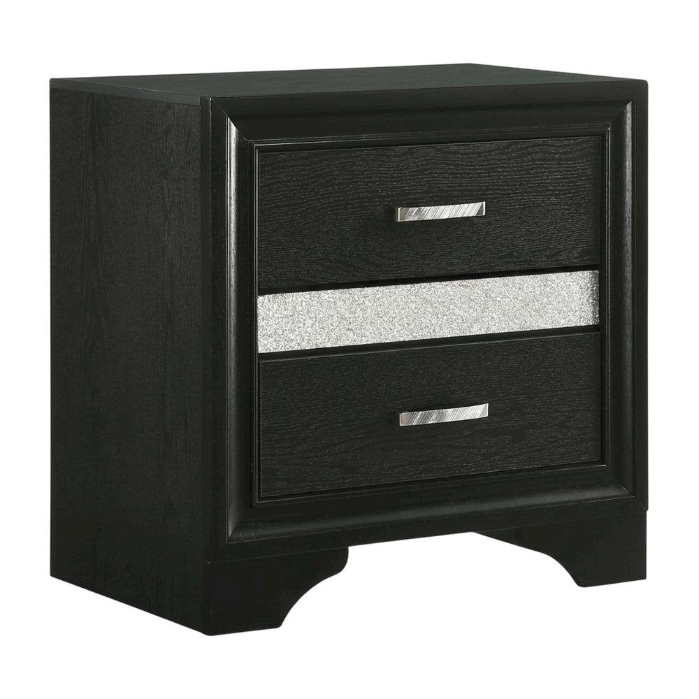 Black Contemporary Bedroom Nightstand with Crystal Finish and Two Drawers