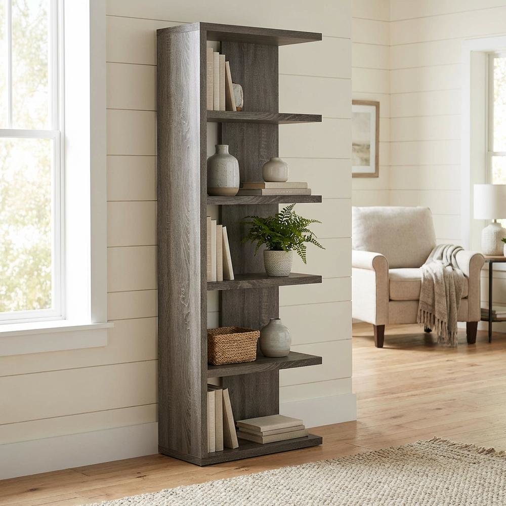 Weathered Grey 5-Shelf Bookshelf with Tipover Restraint and Transitional Style