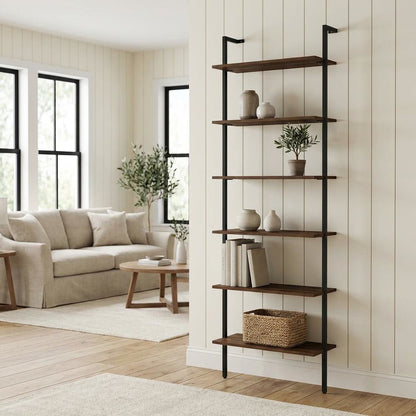 Walnut Wall Bookshelf with Six Shelves and Transitional Style