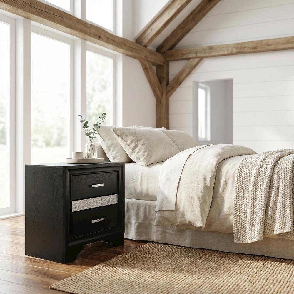 Black Contemporary Bedroom Nightstand with Crystal Finish and Two Drawers