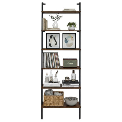 Walnut Wall Bookshelf with Six Shelves and Transitional Style