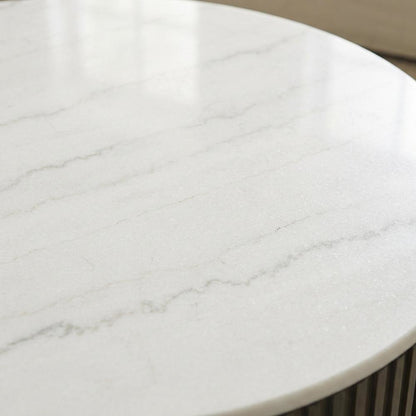Round White Marble Top Coffee Table, Charcoal Wood Finish Contemporary Design