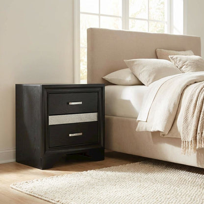 Black Contemporary Bedroom Nightstand with Crystal Finish and Two Drawers