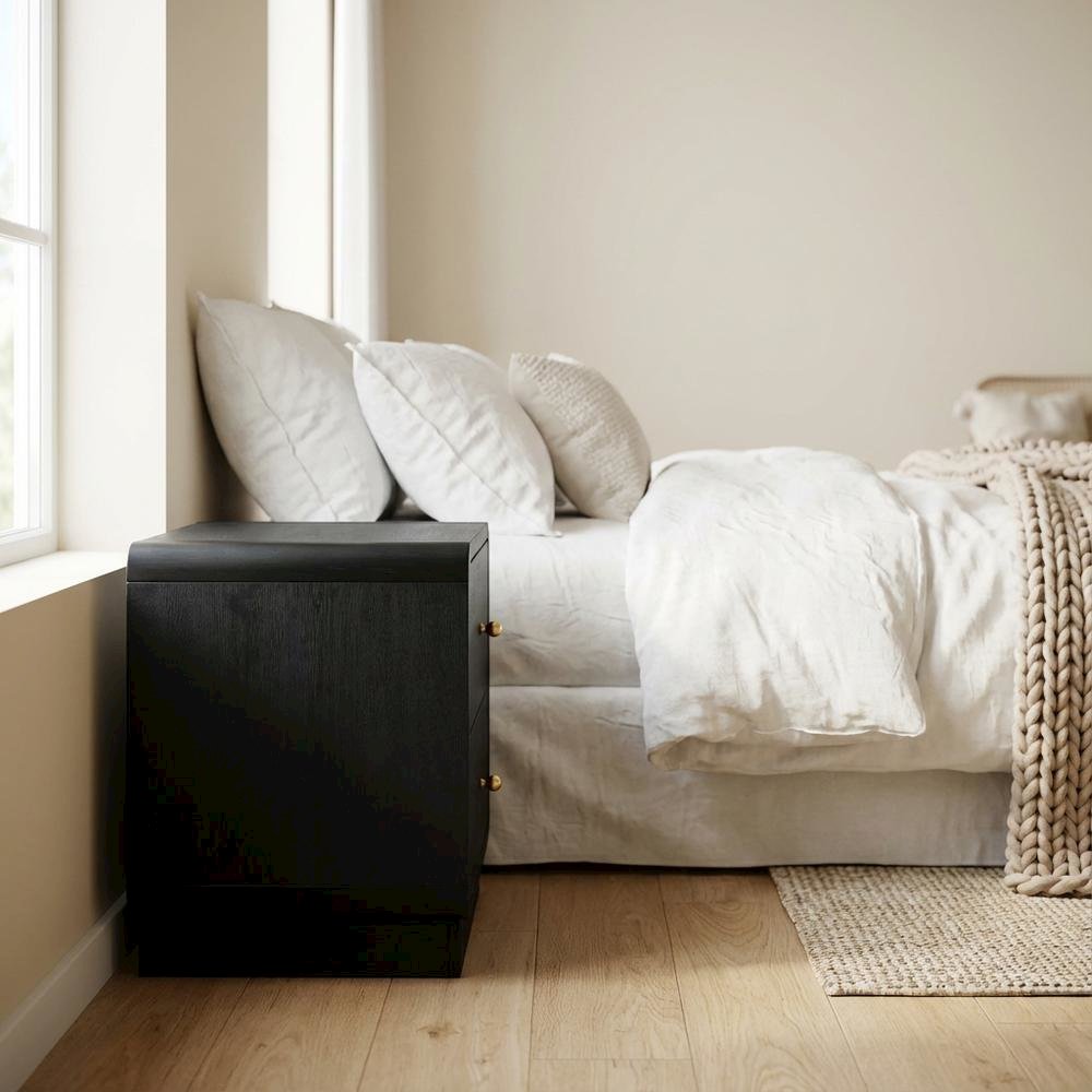Black Nightstand Bedside Table with Brass Finish and Modern Design