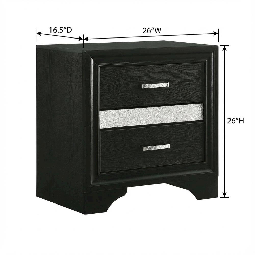Black Contemporary Bedroom Nightstand with Crystal Finish and Two Drawers