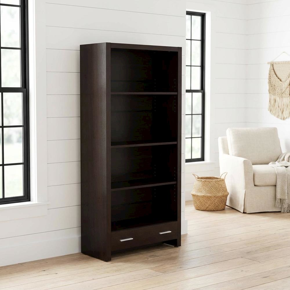 Brown 5-Shelf Bookcase with Drawer and Transitional Design