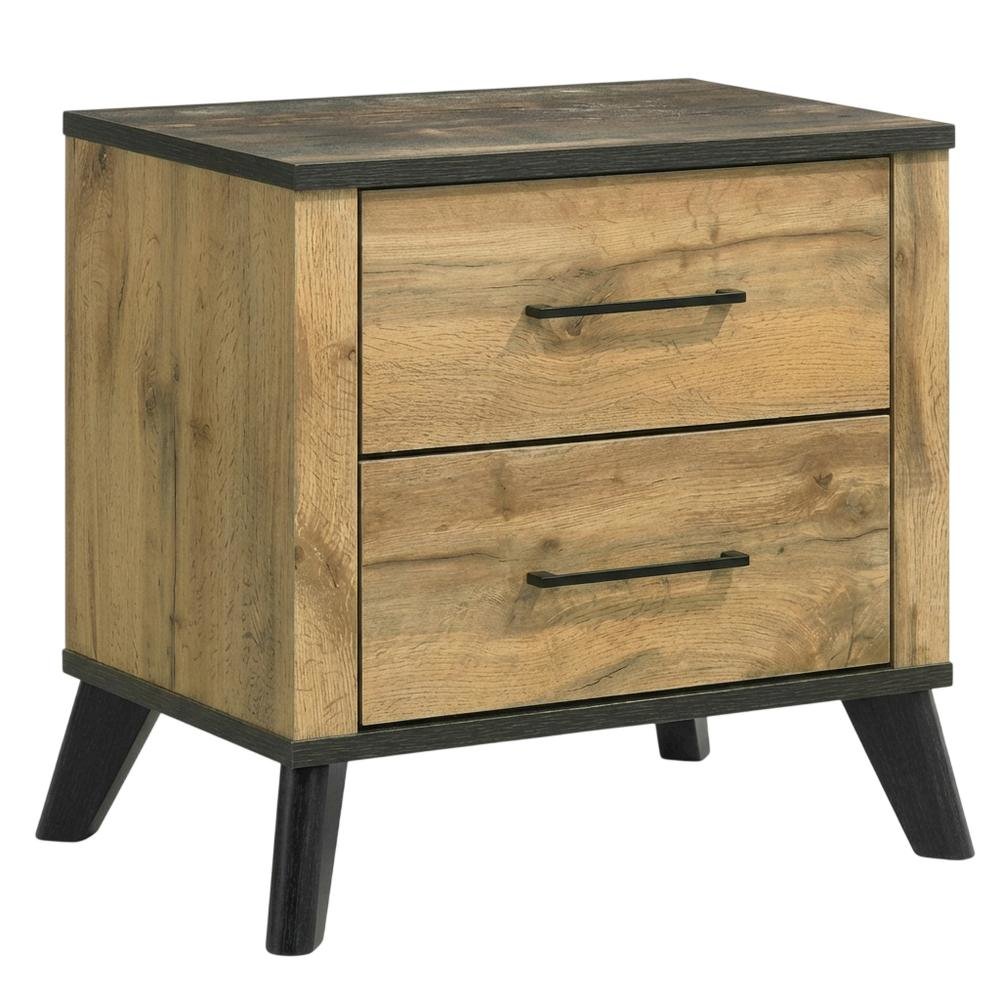 Natural Pine Nightstand with 2 Drawers and Mid-Century Modern Design