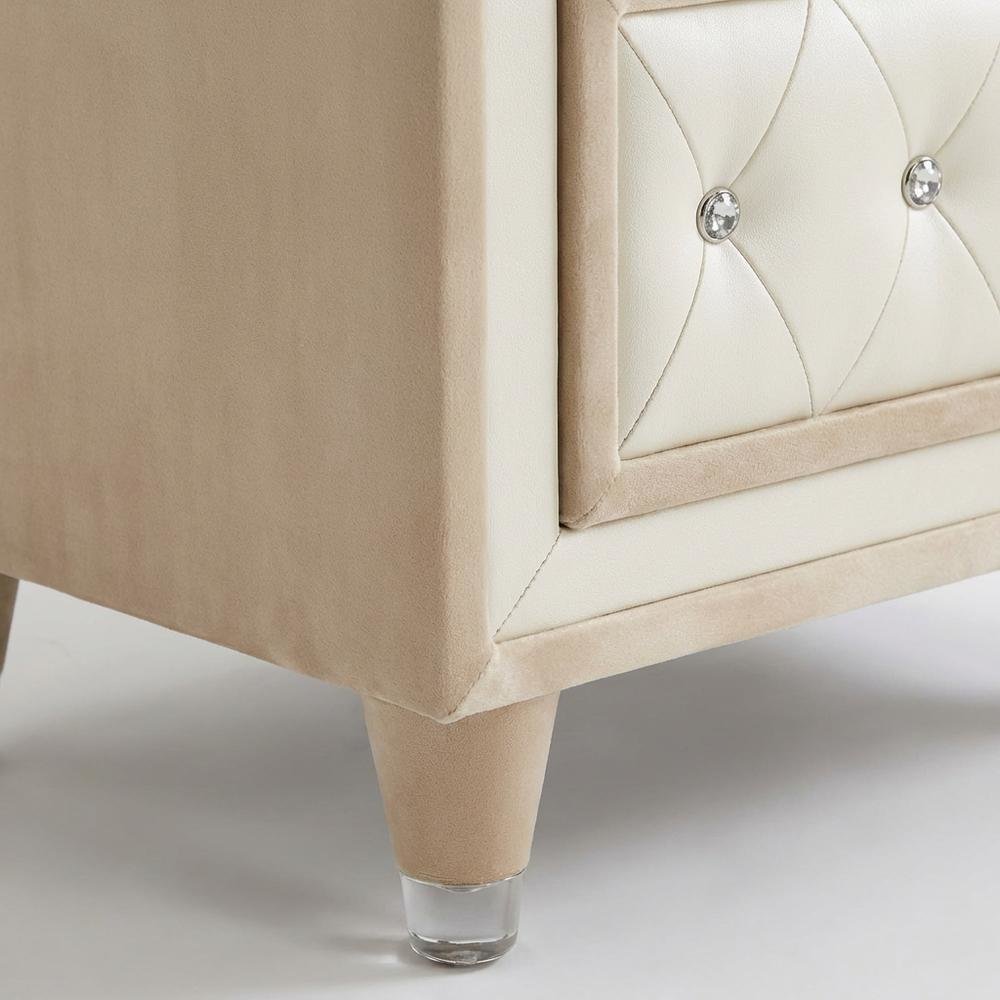 Ivory and Camel Upholstered Nightstand with 3 Drawers and Modern Design