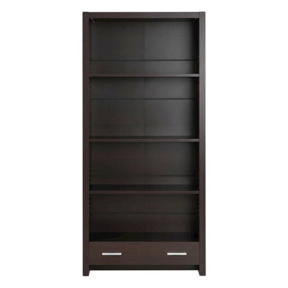 Brown 5-Shelf Bookcase with Drawer and Transitional Design