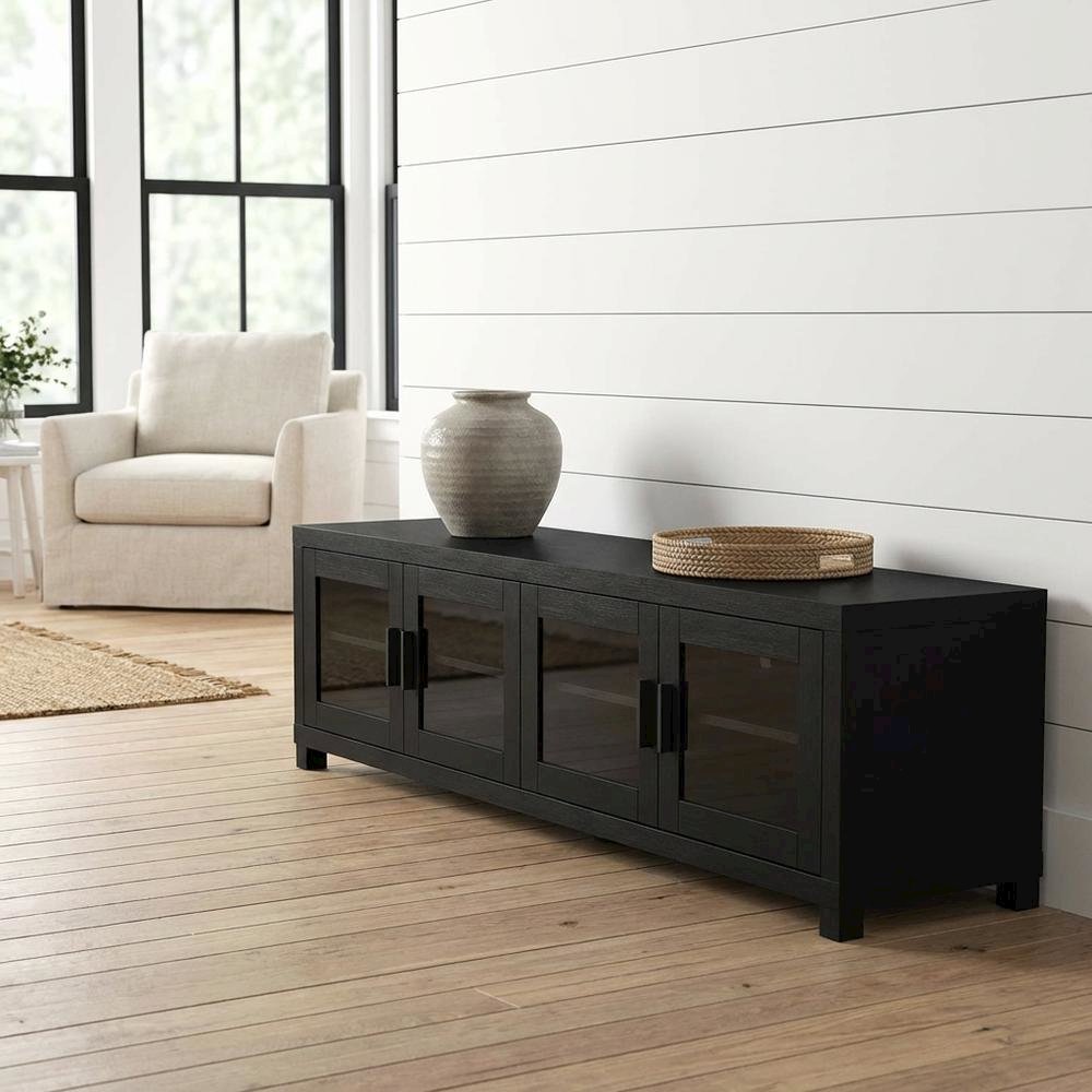 Black engineered wood TV stand, 4 doors, modern design,, durable materials