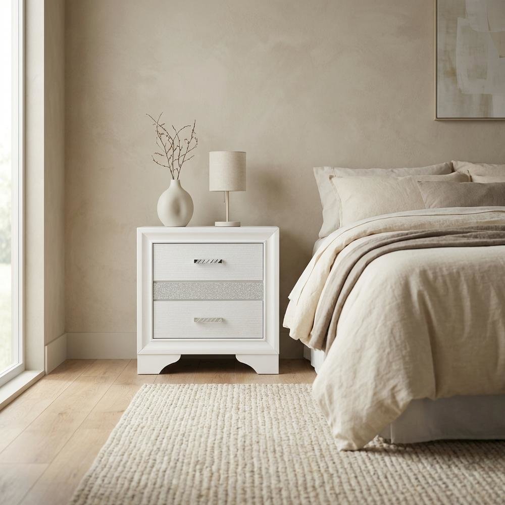 White Bedroom Nightstand with Crystal Finish and Contemporary Style