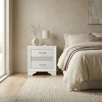 White Bedroom Nightstand with Crystal Finish and Contemporary Style