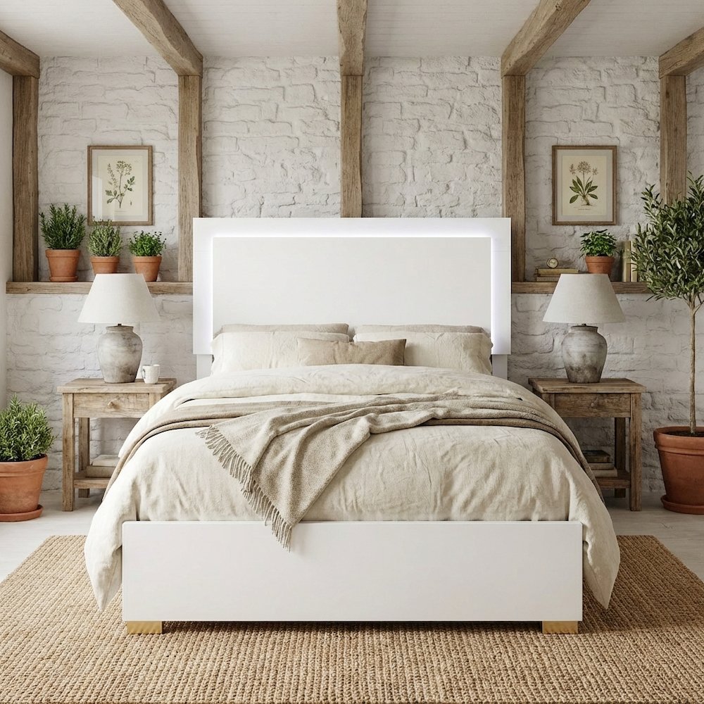 White Twin LED Panel Bed with Gold Metal Legs and Batten Slats