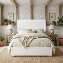 White Twin LED Panel Bed with Gold Metal Legs and Batten Slats