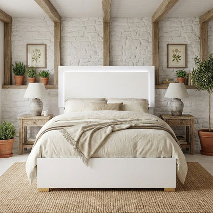 White Twin LED Panel Bed with Gold Metal Legs and Batten Slats