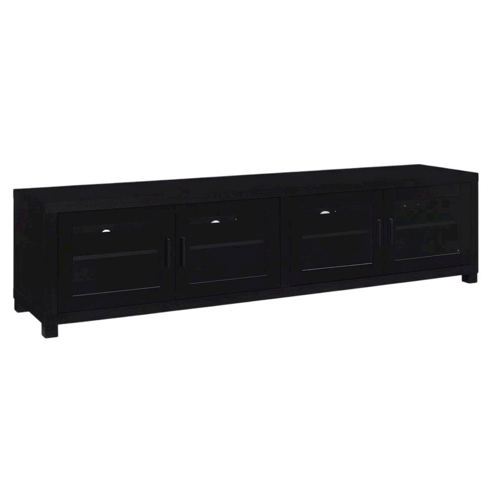 Black engineered wood TV stand, 4 doors, modern design,, durable materials