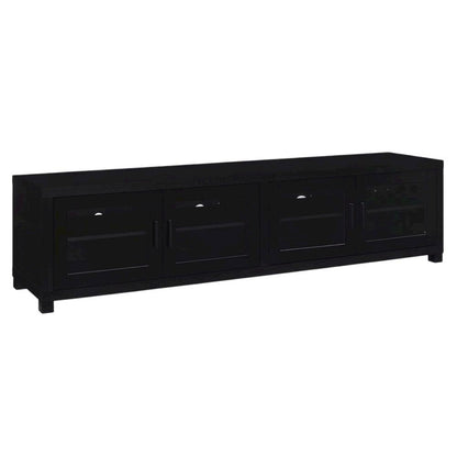 Black engineered wood TV stand, 4 doors, modern design,, durable materials