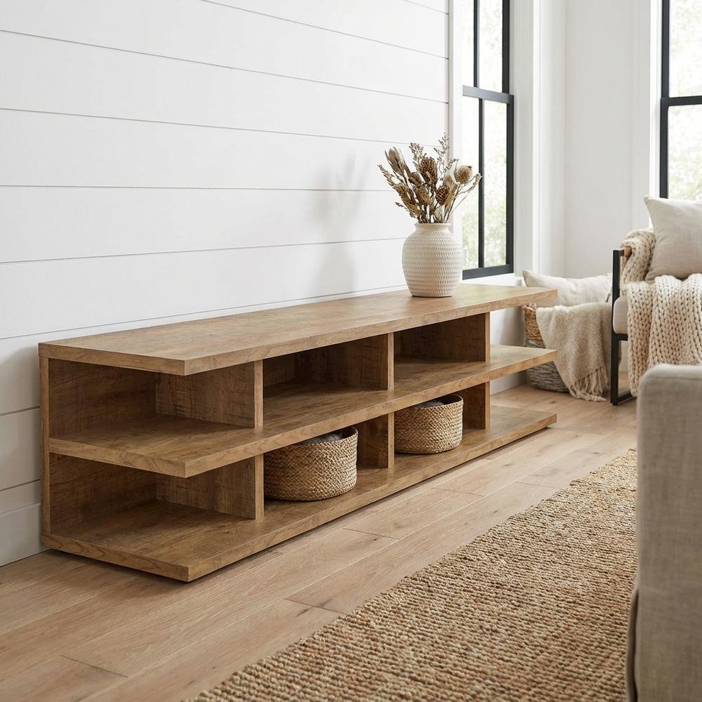 Green 78-Inch TV Stand, 2-Tier Storage, Farmhouse Design in Engineered Wood
