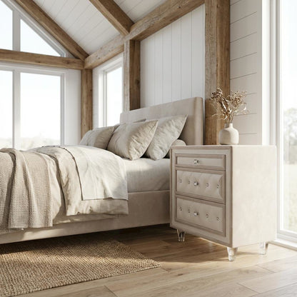 Ivory and Camel Upholstered Nightstand with 3 Drawers and Modern Design
