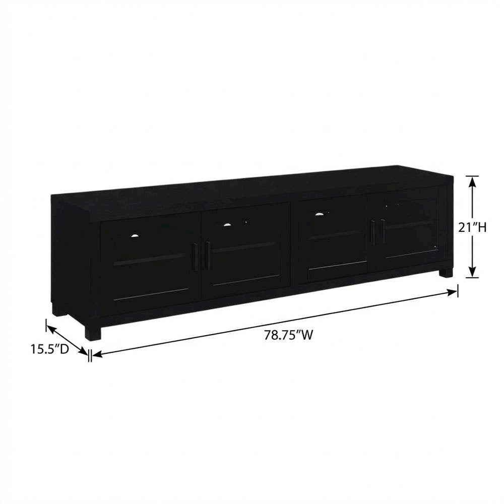 Black engineered wood TV stand, 4 doors, modern design,, durable materials
