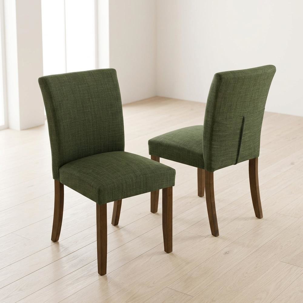Polyester Upholstered Dining Side Chairs with Wood Legs, Green, Set of 2