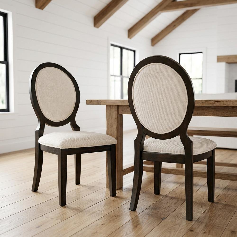 Oval Back Upholstered Wood Transitional Dining Side Chair, Set of 2