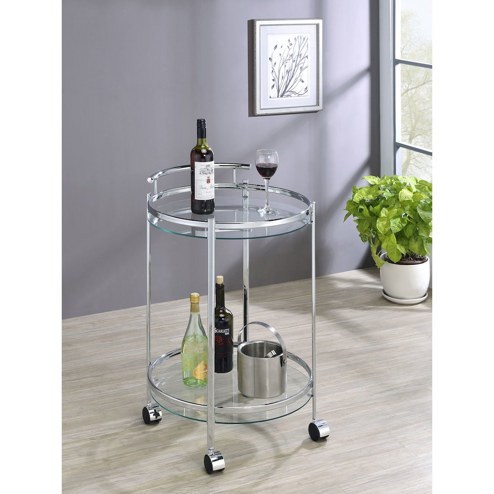 Chrissy Round Glass Shelf Metal Bar Cart Chrome