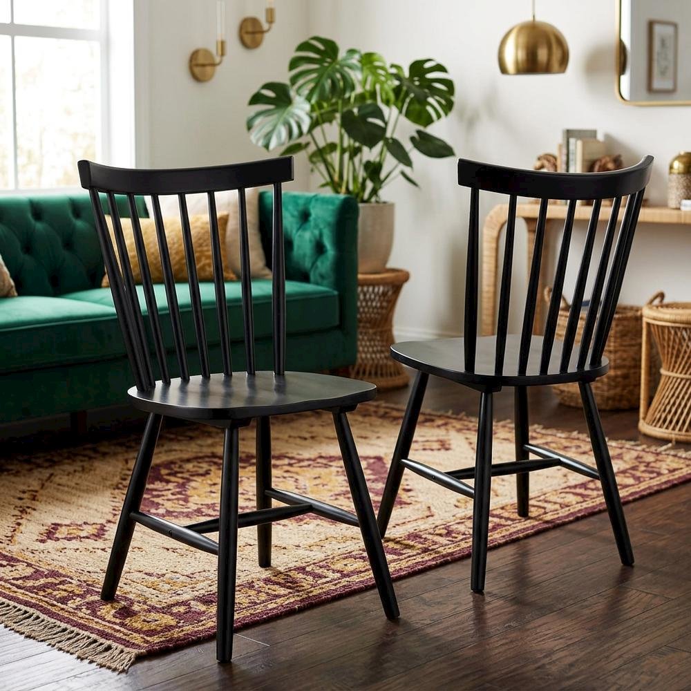 Windsor Wood Farmhouse Dining Side Chair, Black, Set of 2