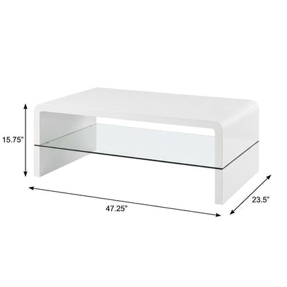 Rectangular White High Gloss Coffee Table with Shelf Contemporary Design