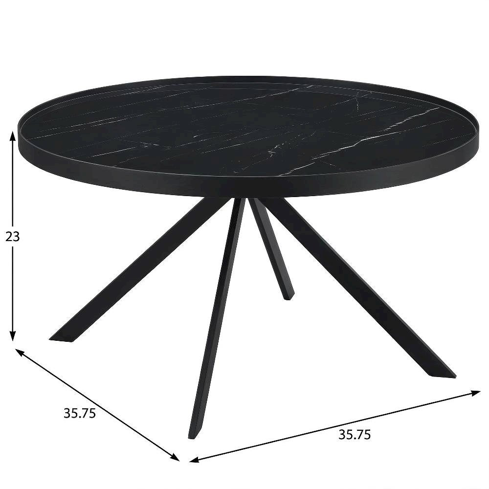 Round Black Glass Top Coffee Table with Marble Print and Leveler Design